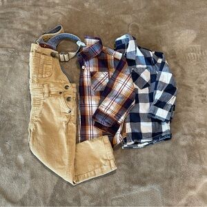 24m overalls and 2 button up long sleeve shirts